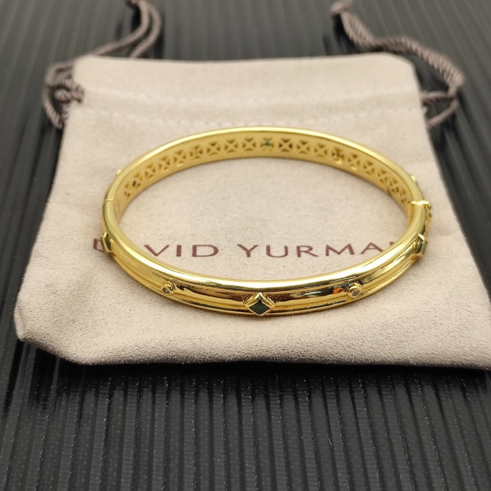David Yurman Gold-Tone Bangle Bracelet with Green Stone Accents